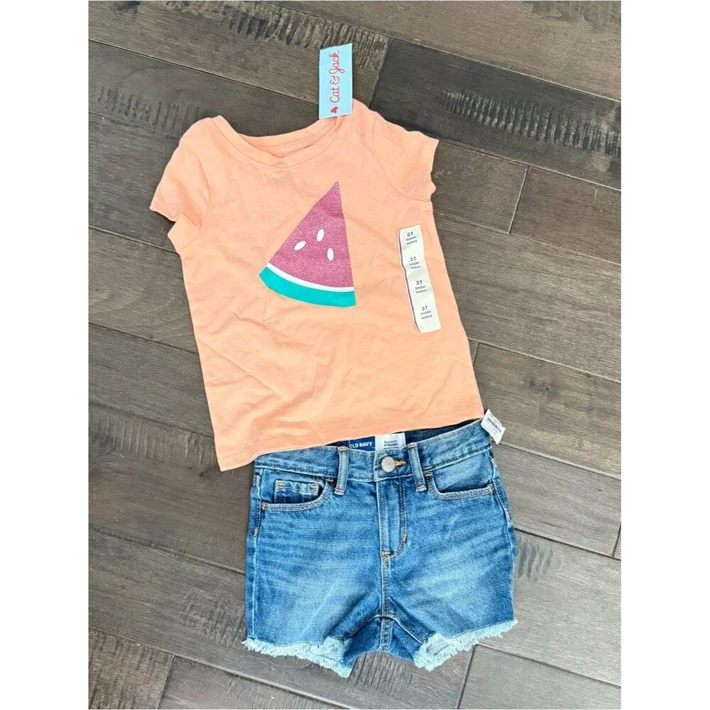 Cat & Jack Old Navy Outfit Set Jean Shorts Watermelon T-Shirt Tee Toddler Girl